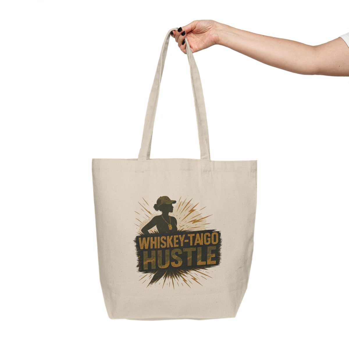 Whiskey Taigo Hustle Canvas Tote — Retro Saloon Silhouette Market Bag