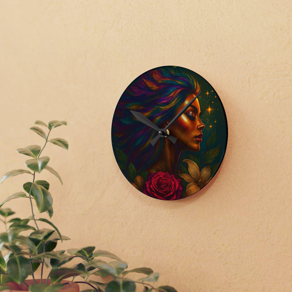 Acrylic Wall Clock — Vibrant Goddess Portrait with Floral Accents