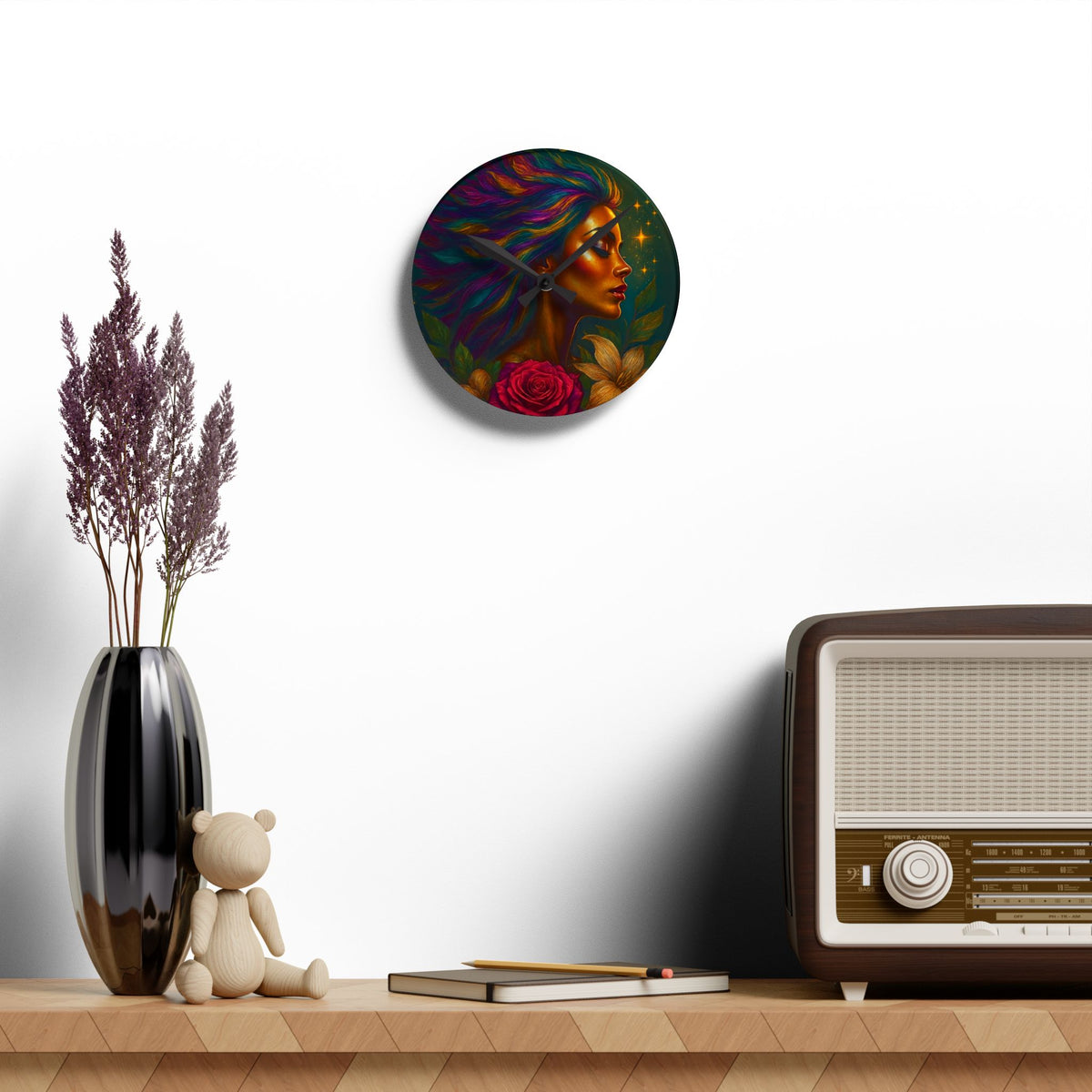 Acrylic Wall Clock — Vibrant Goddess Portrait with Floral Accents