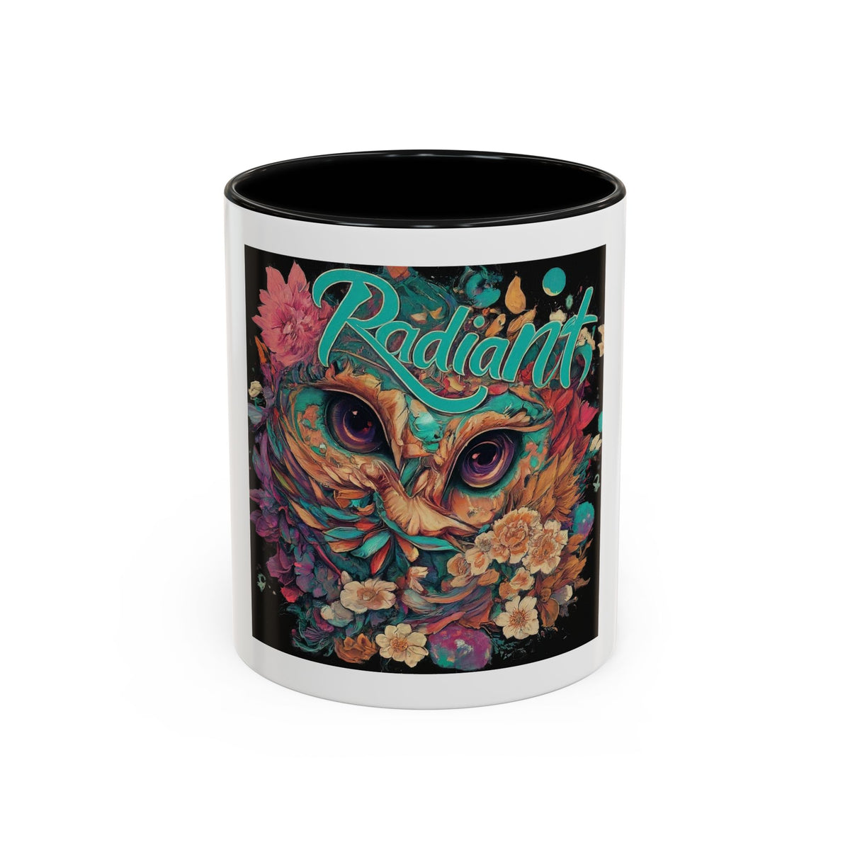 Radiant Owl Accent Coffee Mug — Floral 'Radiant' Art Print (11/15 oz)