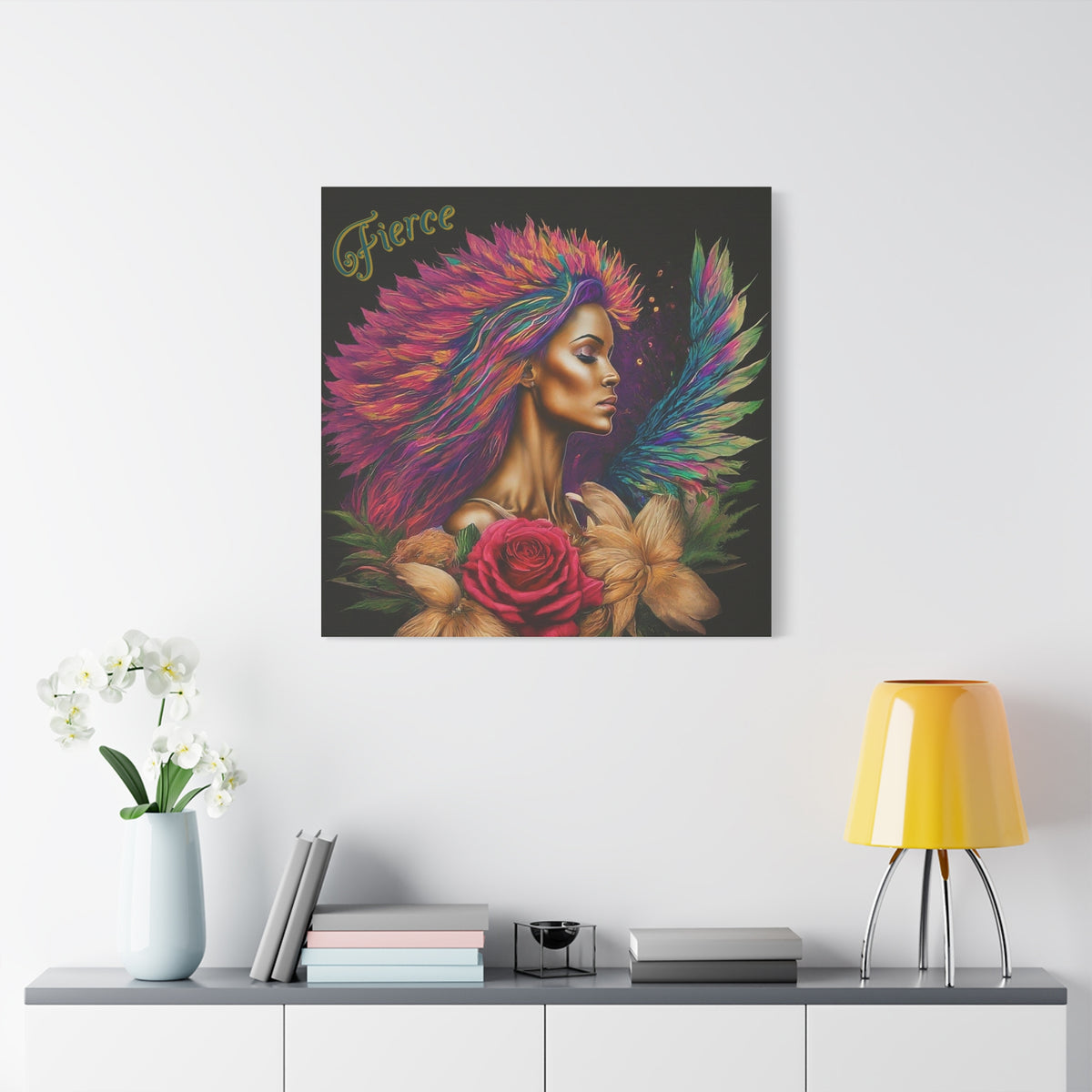 Fierce Goddess Canvas Print — Colorful Feathered Portrait Wall Art
