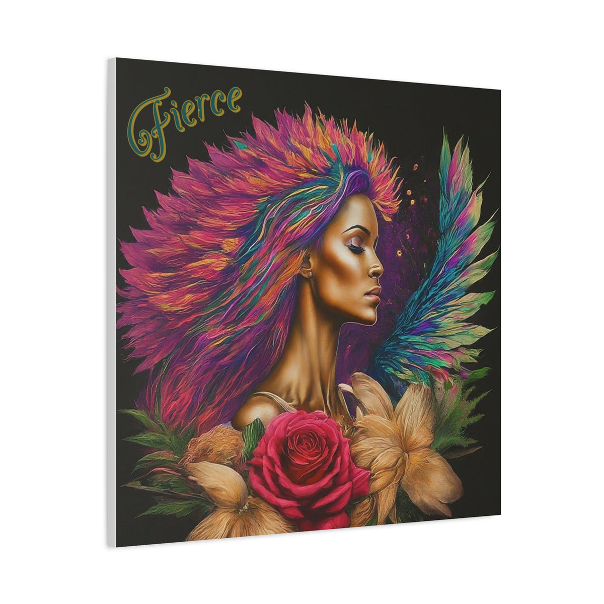 Fierce Goddess Canvas Print — Colorful Feathered Portrait Wall Art