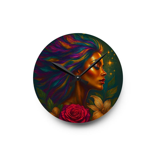 Acrylic Wall Clock — Vibrant Goddess Portrait with Floral Accents