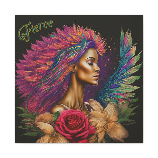 Fierce Goddess Canvas Print — Colorful Feathered Portrait Wall Art