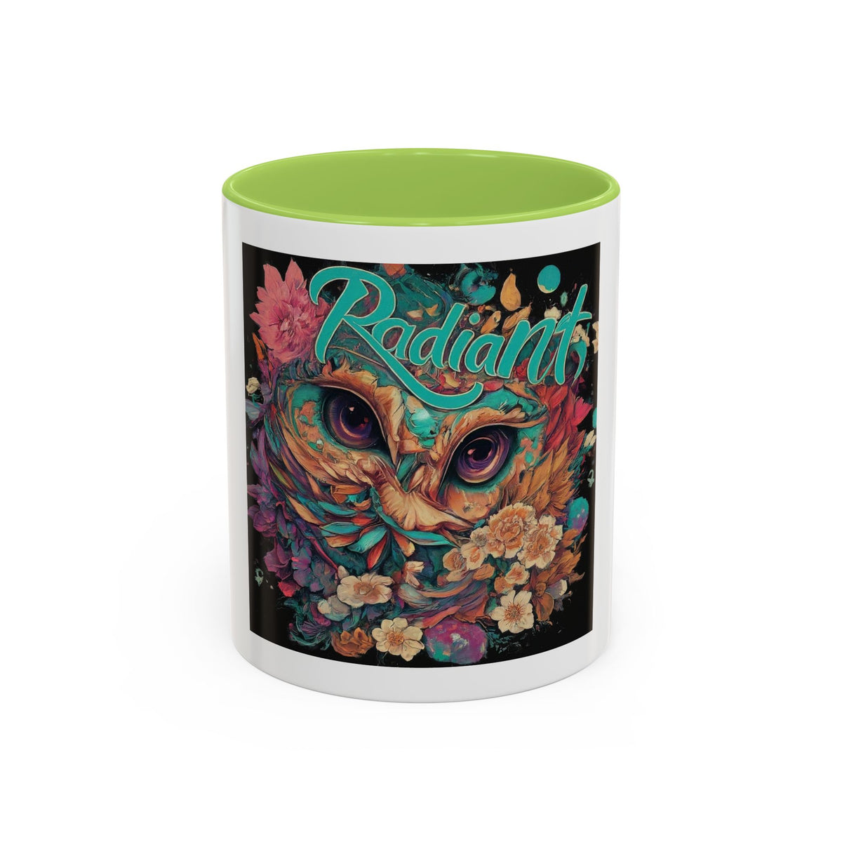 Radiant Owl Accent Coffee Mug — Floral 'Radiant' Art Print (11/15 oz)